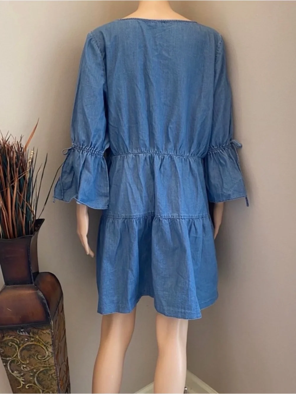 J Crew Blue Tiered Casual Dress with Tie-Sleeves